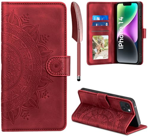 EASDNB Lederhülle für iPhone 14 Hülle, Handyhülle für iPhone 14 Flip Wallet PU Leder Case [Kartenfach] [Magnet] [Ständer] Prägung Klapphülle Schutzhülle für iPhone 14 6.1 Zoll, Rot