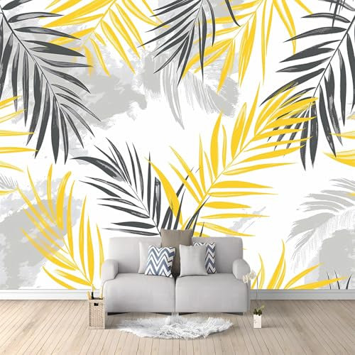 Fototapete Vlies Tapete Gelb Grau Palmblätter 250x175 cm 3D Effekt Wandbild Vlies Wandtapete Moderne Wohnzimmer Mural Schlafzimmer Kinderzimmer TV Hintergrund Wand Dekora