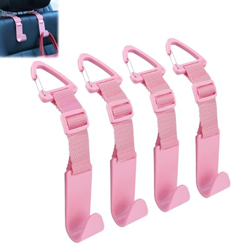 Amooca Headrest Hooks for Car Adjustable 4 Pack Vehicle Seat Back Organizer Storage Hanger Holder for Purse Bags Universal Fit with Clip Pink
