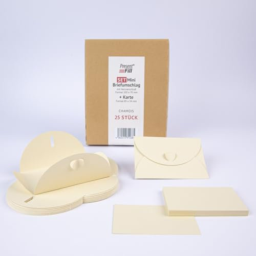 PresentFill® 50 Mini Briefumschläge mit Karten – Chamois Creme – Kleine Umschläge Mini mit Herz Verschluss und Blanko Karten aus 100% Recycling Kraftpapier zum Selbst gestalten und beschriften