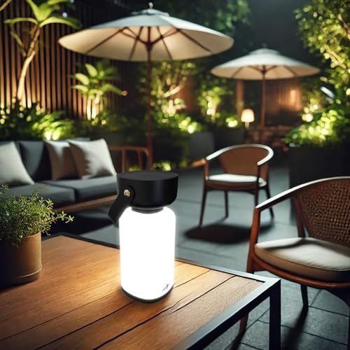 Lunartec Campingleuchte: Dimmbare Akku-Gartenlaterne, Kunstleder-Griff, 120 lm, IP44, schwarz (Campinglampe aufladbar, Campinglampe LED Akku dimmbar, Zelt)