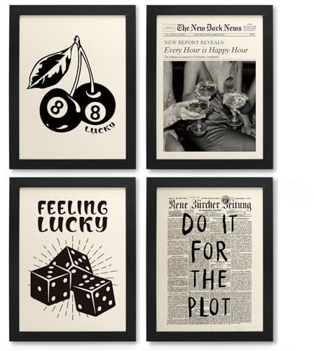 JXREQ Trendige Retro-Poster Y2K Black Lucky 8 Ball Cherry Dice Happy Hour Poster Wandkunstdrucke 4er-Set, Barwagen-Dekor, Y2K-Raumdekoration, flippige Heimdekoration, adrette Raumdekoration, 30,5 x