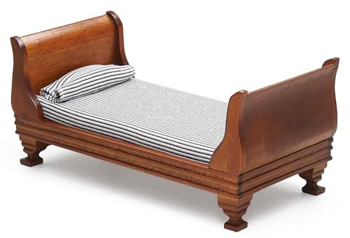 Odoria Puppenhaus Bett Miniatur Einzelbett: 1/12 Maßstab Bettwäsche Puppenbett für 15cm Puppe Schlafzimmer Viktorianisch Vintage - Mini Möbel Holz Braun