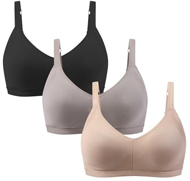 ANGOOL Damen BH Ohne Bügel Sport BH, Schwarz+Grau+Beige, L