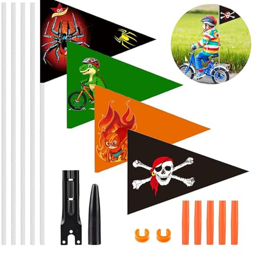Snowtain 4 Stück Kinderfahrradfahne,Kinder Sicherheitswimpel Fahrradzubehör Warnschild,Fahrrad Wimpel mit Befestigungswinkel Fahrradwimpel,Bunt Fahrradfahne für Kinderfahrrad Mountainbike.