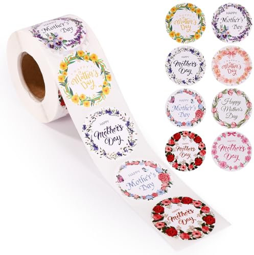 Tinoaly 1 Rolle 500stk Aufklebern Alles Gute Muttertag, 38mm Runde Geschenkanhänger Blumenmuster Muttertag Aufkleber Mama-Etiketten Dekoration Schachteln Umschläge Verschlusskarten Geschenkpapier