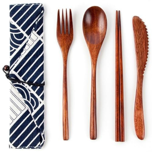 Keuyeo Wooden Tableware Set 4pcs Japanese Style Spoon Fork Chopstick Knife with Bags Portable Dinnerware Reusable Travel Cutlery for Kitchen Home Restaurant
