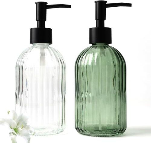 AstraLoom 2er Set Glas Seifenspender Bruchsicher - 400 ML Auslaufsichere Nachfüllbare Spenderflaschen aus Borosilikatglas für Küche, Bad & Haushalt (Transparent+Grün)