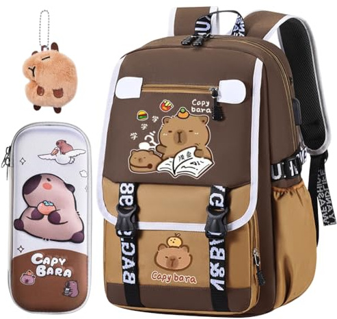 WFKKMEQ Capybara Backpack for Children's, Capybara School Bag with Stationery Set Pencil Case Ornaments Badges Cards Adjustable Rucksack Cartoon Toddler Backpack School Daypack for Kids