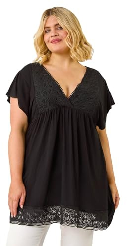 Roman Curve Lace Trim Stretch Top for Women UK - Ladies Everyday Holiday Spring Summer V-Neckline Comfy Soft Evening Vacation Work Party - Black Plus - Size 16