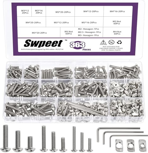 Swpeet 363 Pièces Kit d'Assortiment de Rondelles à Griffes (T-Nuts) et Vis M3 M4 M5 Nickelé avec Clés Hexagonales, Écrous à Fente en T, Fixations à Tête Marteau,e Profilés Aluminium Série 2020