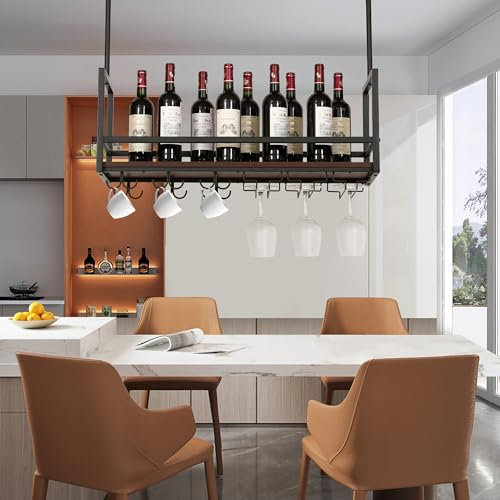 [en.casa] Portabottiglie Sospeso da Soffitto con Mensola in MDF e Struttura in Metallo con Binari per Calici e Ganci per Tazze 80 x 30 x 65 cm Nero/Effetto Noce