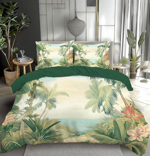 DLERFLOVR Retro Palm Trees Duvet Cover Set Tropical Landscape Quilt Covers Soft and Breathable Polyester Bedding Bed Linen Sets with Zipper Closure, Single, 135x200cm, Emerald