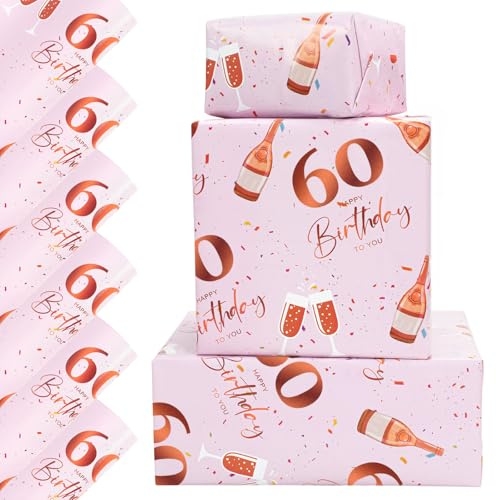 6 Sheets 60th Birthday Wrapping Paper, Birthday Gifts Decorations for Women | 70x50cm Rose Gold Pink Happy Birthday Gift Wrap Paper for Her Ladies Female, Plastic Free & Recyclable
