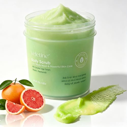 veletine Körperpeeling mit Kurkuma, Vitamin C und Niacinamid – Sanftes Peeling und feuchtigkeitsspendendes Peeling für Körper, Gesicht, Hände, Füße und Bikinizone 250g (Gelb Grün)