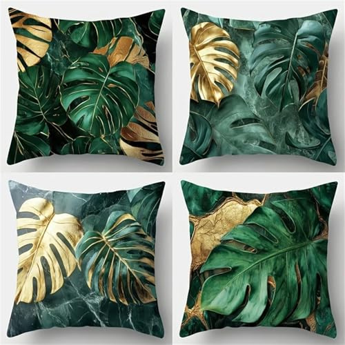Lituor Tropisches Laub Kissenbezug 40x40 cm 4er Set Kissenhülle Samt Sofakissenbezüge Moderne Grünes Gold Dekokissen für Sofa Schlafzimmer Couch Outdoor Kissenbezüge