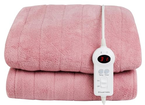 Russell Hobbs Electric Blanket Pink Heated Throw Microfleece 130 x 180 cm with Digital Remote, Auto Shutoff Overheat Protection 12 Hour Timer, 9 Heat Settings RHHT1004PNK