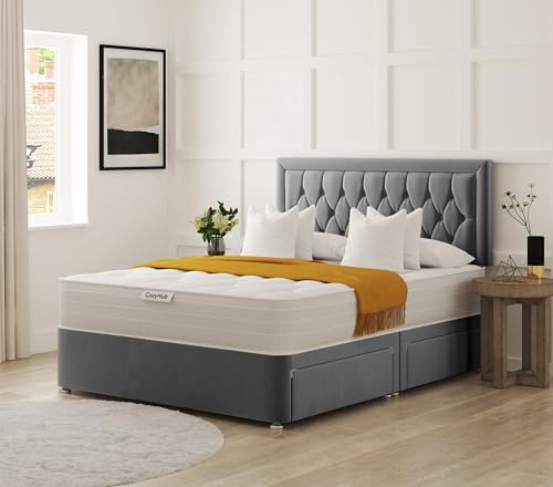 COZY HUB LTD Hilton Florida Divan Bed with 10 Inch Ortho Tufted Mattress & Plush Velvet Headboard – Luxury Divan Set with Drawer Storage Options. (Grey, 4Ft- 2 Drawers)
