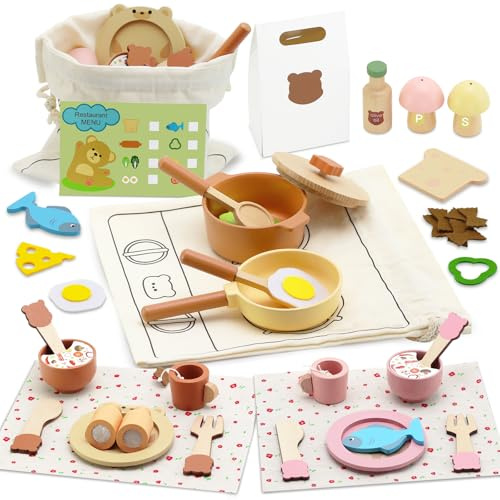 VBACALA Kinderküche Zubehör Holz Küchenspielzeug mit Töpfen,Kochgeschirr,Geschirr &Aufbewahrungstasche,Spielküche Rollenspiel für Kinder ab 3 Jahren ,Geschenk für Jungen & Mädchen