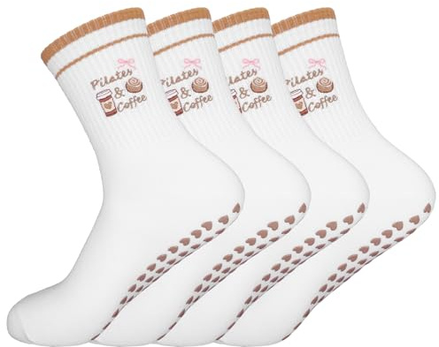 QBEJIME 2 Paare Pilates Socken, Yoga Socken, Stoppersocken Damen, Cute Pilates Reformer Non-Slip Socks, Grip Socks Pilates, For Ballet Barre Dance Trampoline Hospital Fitness Home (2 Pair Brown)