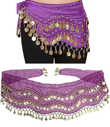 XVICO Bauchtanz Gürtel Damen Lila – Hüfttuch mit 128 Bling-Münzen, Chiffon Hüftschal für Bauchtanz Kostüm, Yoga & Performance