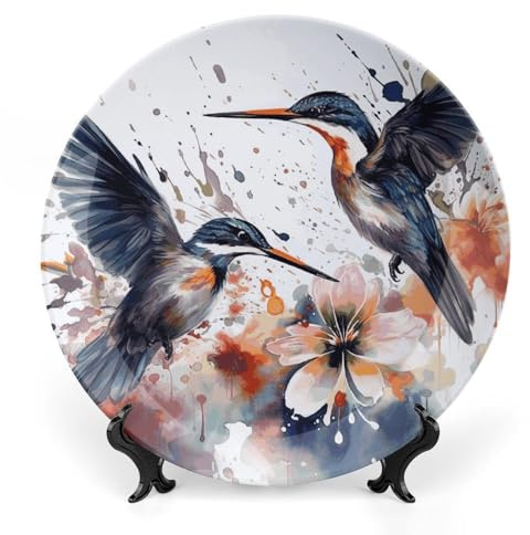 WAFICAC Dekorativer Keramikteller mit Lilien- und Vogelmotiv, Aquarell-Dekorteller, personalisierter Teller aus Knochenporzellan mit Aufsteller, 18 cm (7 Zoll)