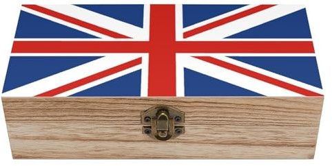 KWQDOZF Aufbewahrungsbox aus Holz mit Union-Jack-Flagge (UK), Klappdeckel und Schloss für Erinnerungsstücke und dekorative Erinnerungsstücke