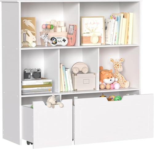 BRINJOY Toy Storage Organizer with 2 Movable Drawers, 3-Shelf Kids Bookcase Children's Toy Chest Cabinet for Playroom Bedroom Daycare Nursery School, 5 Cubes Montessori Bookshelf (White) (white)