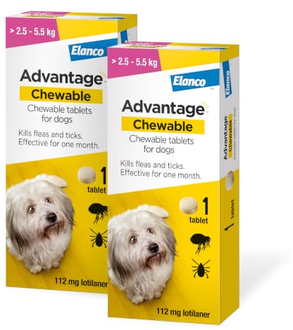 Advantage Chewable 112mg Chewable Tablets for Dogs >2.5-5.5kg (2 pack), Flea and Tick Treatment, Fast Acting Kills Fleas Within Hours, Prevention Lasts For A Month, Easy To Administer