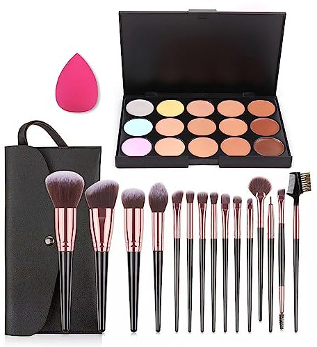 FantasyDay 15 Farben Langanhaltender Hohe Deckkraft Abdeckstift Gesicht Concealer Palette Full Coverage Contour Kit Color Corrector Foundation Camouflage mit 15 Stück Makeup Pinsel und 1 Schwamm Puff