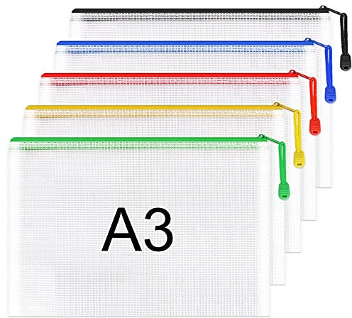 Umriox A3 Document Folder Extra Thick Zipper File Bags Mesh Zip Lock Document Wallets Folder Travel Storage Pouch for Office Supplies and Travel Accessories, Waterproof, 5PCS