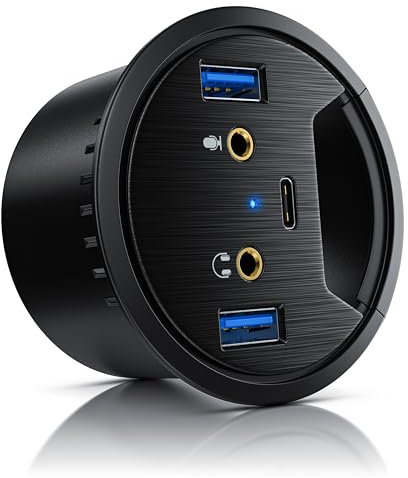 CSL - USB 3.0 In-Desk USB Hub - Tisch Kabeldurchführung - Tischkabeldose - 2 x USB 3.2 – 1 x USB C 3.2 – 2 x Audioanschlüsse 3,5mm Klinke Lautsprecher und Mikrofon