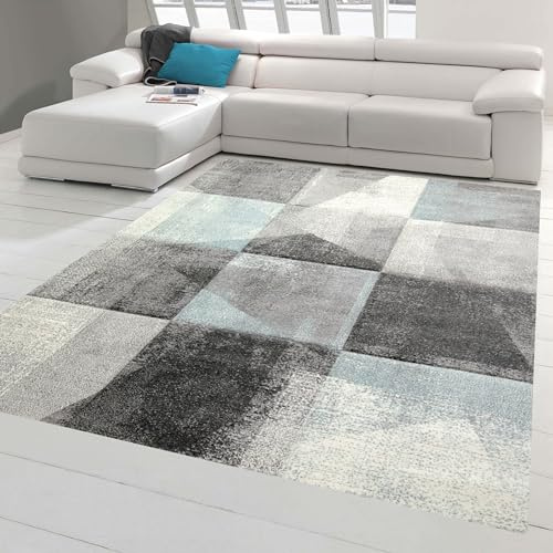 Moderner Konturenschnitt Teppich Wohnzimmer abstraktes Karomuster in grau blau Creme - pflegeleicht Größe 140x200 cm