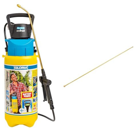 Gloria Drucksprüher AutoPump Set | Gartenspritze | 5 L Füllinhalt | Sprühgerät mit Batterie-/Akku-Betrieb & Messing-Verlängerungsrohr Typ 110 | 1 m Länge | 0,9 cm Durchmesser