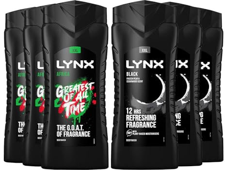 Lynx 12 hours Refreshing Fragrance Body Wash 500ml Bundle, Set Contains 3 Bottle of Lynx Africa Body Wash 500 ml and 3 Bottle of Lynx Black Body Wash 500 ml