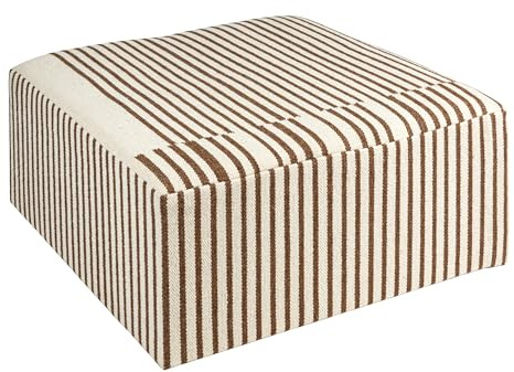 Creative Co-Op Wool Kilim Upholstered Coffee Table Ottoman, Striped Cream and Brown