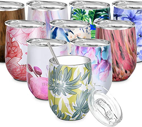 THILY Weinglas mit Deckel und Strohhalm, isoliert, 340 ml, dreifach wandig, isoliert, Edelstahl, hält kalt oder heiß für Wein, Kaffee, Cocktails und Getränke,Grüne Chrysantheme