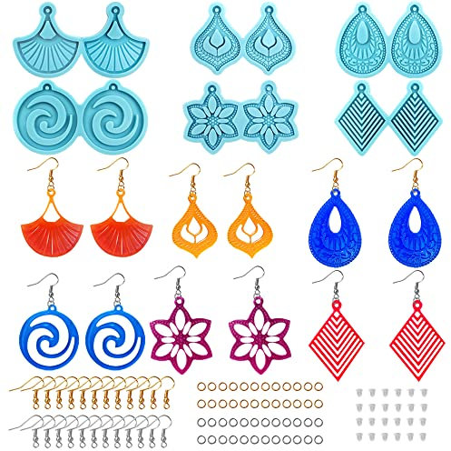 AIFUDA Lot de 6 moules en résine pour boucles d'oreilles, moules en silicone pour la fabrication de bijoux, moules en résine époxy avec crochet d'oreille, anneaux ouverts, fermoirs de boucles