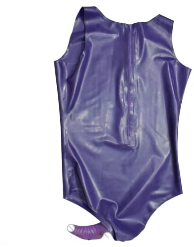Latex-Badeanzug mit Penis-Kondom Runder Kragen Reißverschluss hinten Latex-Catsuit Gummi-Bodysuit-Trikot, Transschwarz mit Schwarz, L
