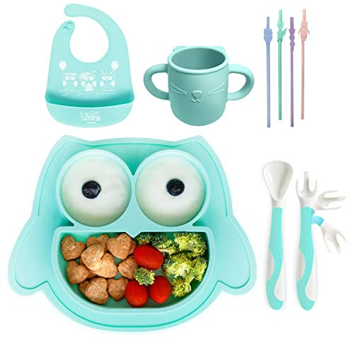 BRUNOKO Plato Bebe con ventosa Vajilla Bebé 5en1 - Plato Bebé + Cuchara Bebé + Babero Bebé Silicona + Vaso Infantil Reutilizable + Pajitas Silicona Juego 5en1 - Apto Para Lavavajillas Y Microondas