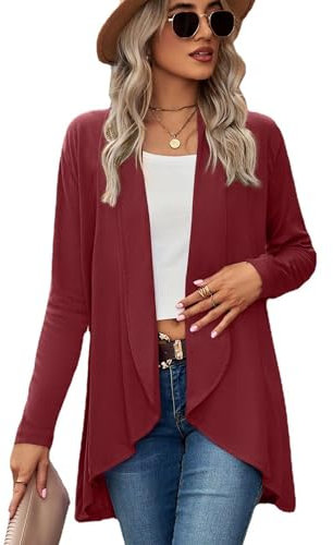 Famulily Casual Long Cardigans for Ladies, Women's Open Front Waterfall Cardigans Loungewear Spring Autumn Coat (M, Wine)
