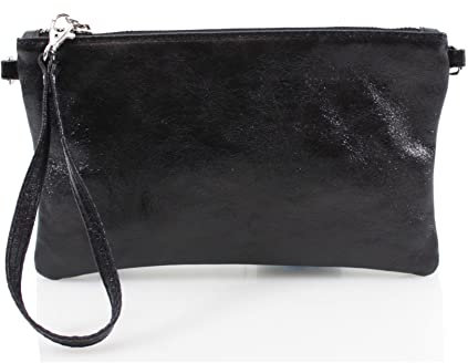 clicktostyle Shinny Metallic Leather Wristlet Clutch Pouch Purse Handbag Women Crossbody Strap Shoulder Bag 8890 (Black)