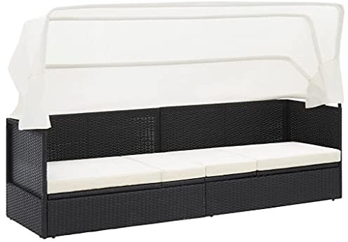 Gartensofa mit Sonnendach Schwarz Poly Rattan PE-Rattan Gartenmöbel 205 x 62 x 70 cm cremeweißes Kissen für Terrasse Poolside und Garten