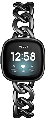 Schwarze coole Frauen Kette Metall Smartwatch Armbänder kompatibel für Fitbit Sense/Fitbit Versa 3 Bänder für Frauen, elegantes Metallarmband für Fitbit Sense 2/Versa 4