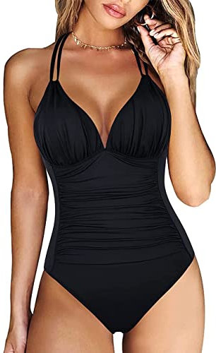 RPAEOY Traje De Baño Ruched Cuello En V Halter Una Pieza Bañador Push Up Control De Barriga Deportivo Bikini De Cintura Alta Acolchado Bañadores Una Pieza Sexy Swimwear Tankinis Negro L