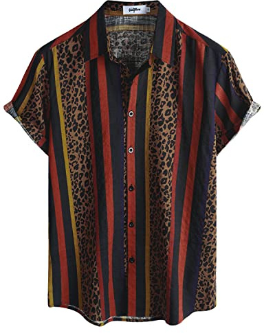 VATPAVE Mens Hawaiian Shirt Short Sleeve Button Down Shirts M Navy Black