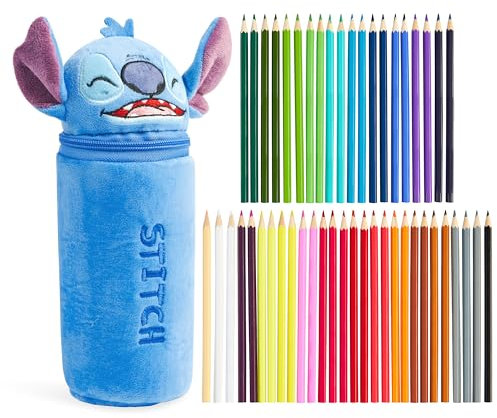 Disney Stitch Coloured Pencils with Pencil Case 48 Pcs Vibrant Colouring Set for Drawing Sketching School Travel Art Supplies Baby Yoda Stitch Gifts (Blue Stitch)