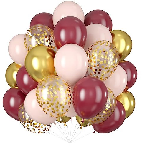 Pink Burgundy Gold Balloons Confetti Metallic Chrome Gold Balloon 60pcs 12inch Wine Red Gold Light Pink Latex Helium Balloon for Wedding Bridal Anniversary Maroon Party Decorations