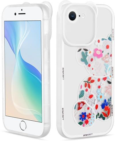 Mouzor Cute iPhone SE 2022 case, Bear Ears iPhone SE 2020 Case, Bear Print Flower Pattern iPhone 7 Case, Floral iPhone 8 Case, Funny Animal Cartoon Soft TPU Shockproof Case Cover for Girls Kids Women