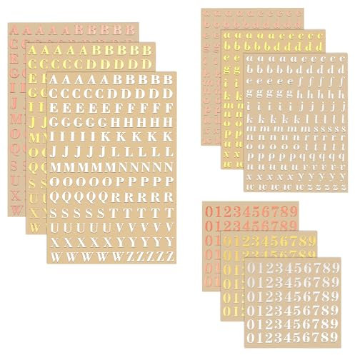 9 Bögen Selbstklebende Buchstaben und Zahlen, 4.5 mm Metall Sticker Klein Mini Roségold & Silber Nummern für Scrapbook DIY Basteln (Groß und Kleinbuchstaben)